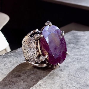 Viking Dragon Claw Ruby Ring | HandEngraved 925 Sterling Silver Norse Knotwork | Mens Statement Ring | Custom Size | Gift for him