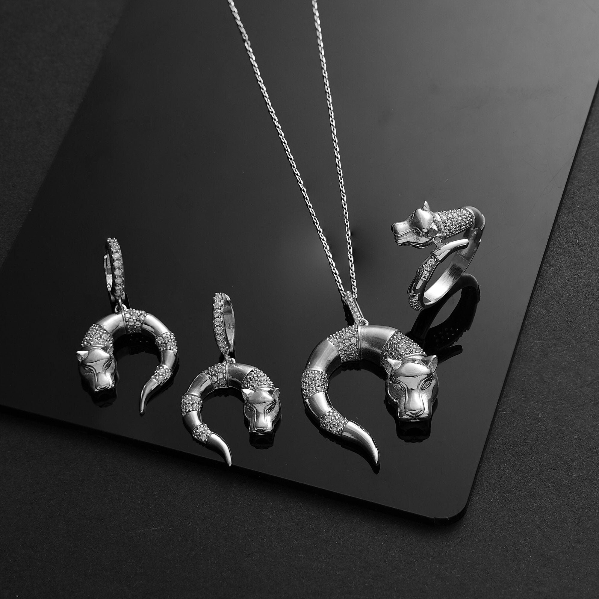 Panther Silver Jewelry Set, Panther Sterling Silver Ring, 925 k Sterling Silver Ring- leopard Siver Ring, Cartier Jewelry, Christmas Gifts