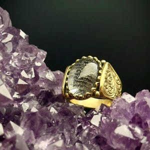 24K Gold Plated Silver Ring | Dur E Najaf Gem, Ayat alKursi Engraved image 5