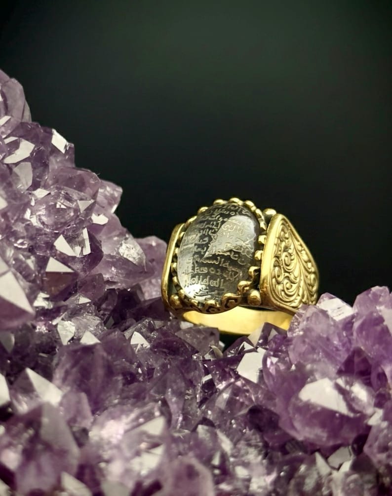 24K Gold Plated Silver Ring | Dur E Najaf Gem, Ayat alKursi Engraved image 5