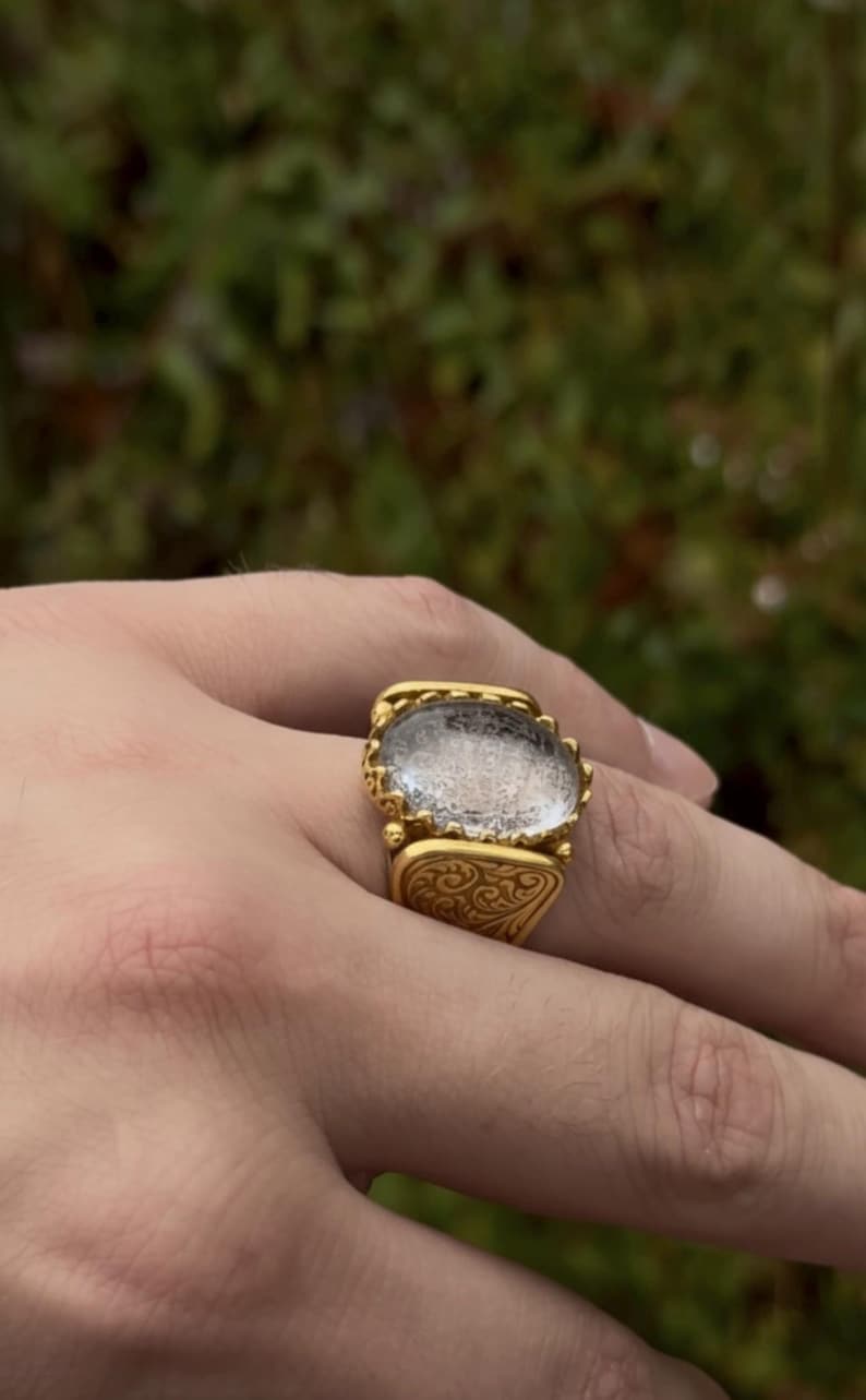 24K Gold Plated Silver Ring | Dur E Najaf Gem, Ayat alKursi Engraved image 6