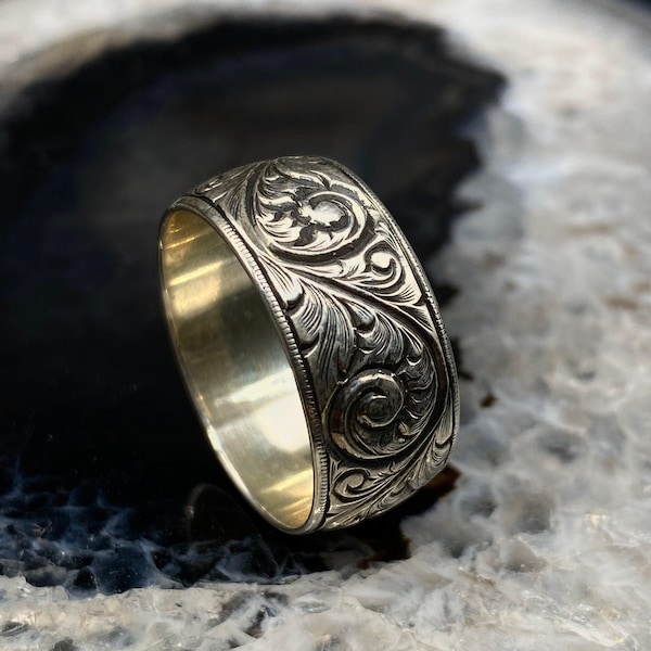 Alianza de boda grabada, plata de ley 925, anillo grabado, alianza de boda única, regalo para él, anillo de 10 mm, alianza de boda para hombre, alianza rústica