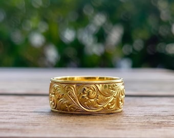 Engraved Wedding Band, 925 Sterling Silver, Engraved Ring, Unique Wedding Band, 24K GoldPlated, 10mm Ring, Man Wedding Band, Rustic Band