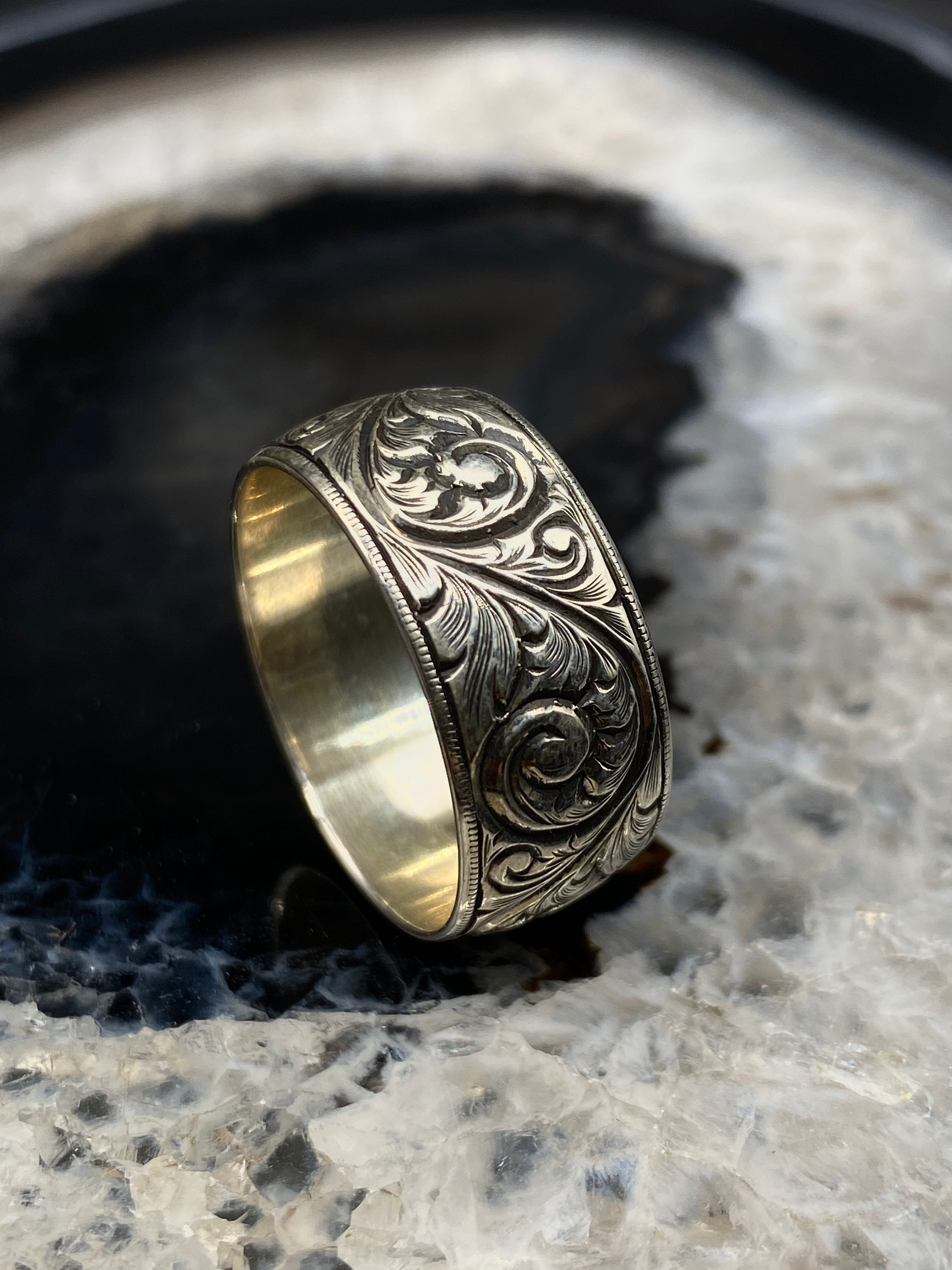 Engraved Wedding Band, 925K Sterling Silver, Engraved Ring, Unique Wedding Band, Gift For Him, 10mm Ring, Man Wedding Band, Rustic Band