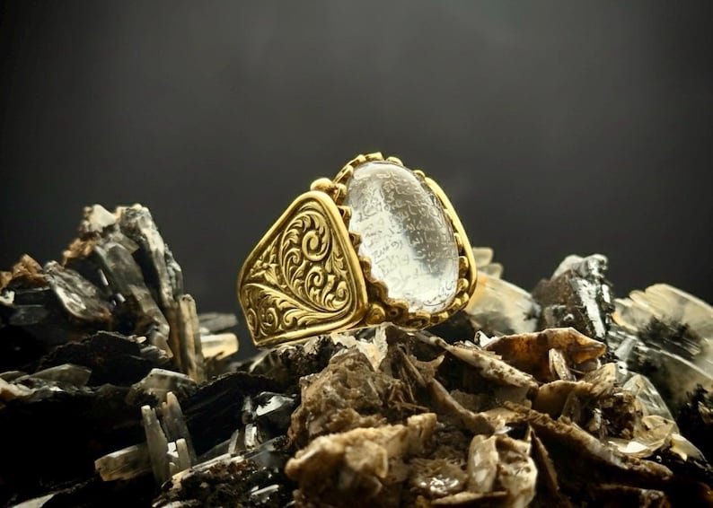 24K Gold Plated Silver Ring | Dur E Najaf Gem, Ayat alKursi Engraved image 4