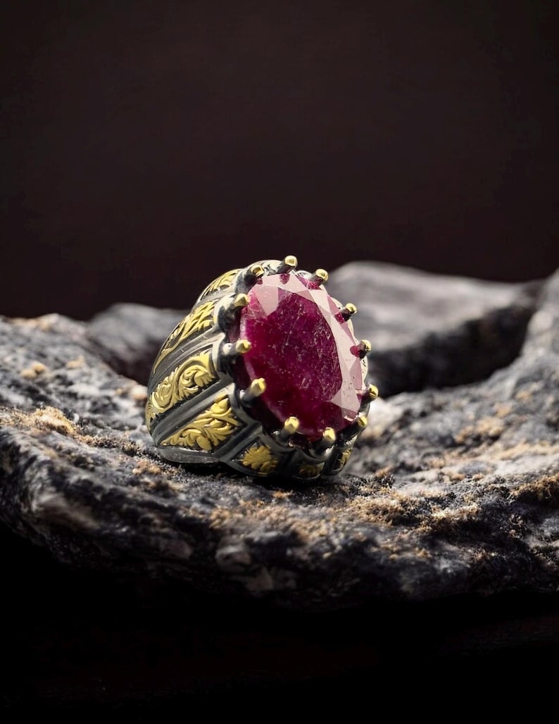 Men's Ruby Signet Ring 24K Gold Plated Sterling Silver, Hand-engraved ...