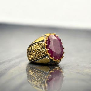 Hand Engraved Ruby Signet Ring: 24k Gold-Plated Sterling Silver