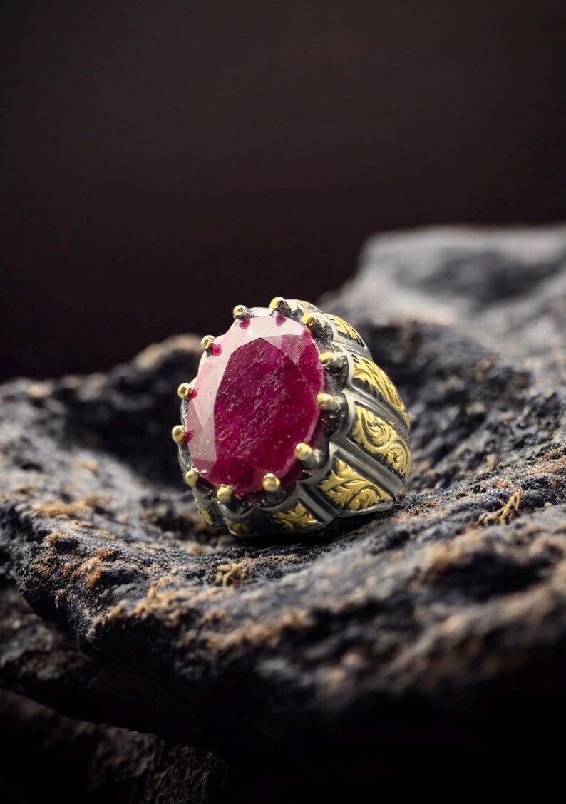 Men's Ruby Signet Ring 24K Gold Plated Sterling Silver, Hand-engraved ...