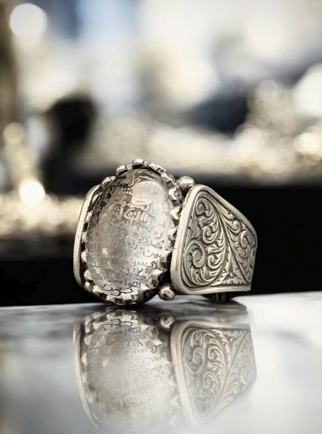 Ayat Al-kursi Engraved Najaf Stone Ring Oxidized Sterling Silver