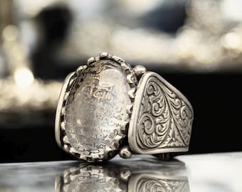 Ayat al-Kursi Engraved Najaf Stone Ring  Oxidized Sterling Silver