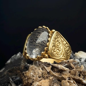 24K Gold Plated Silver Ring | Dur E Najaf Gem, Ayat alKursi Engraved image 1