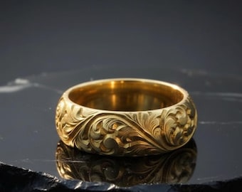 Engraved Wedding Band, 925 Sterling Silver, Engraved Ring, Unique Wedding Band, 24K GoldPlated, 8mm Ring, Man Wedding Band, Rustic Band