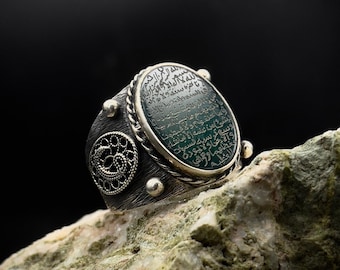 Handmade Agate Stone Sterling Silver Ring: Ayat al Kursi Signet