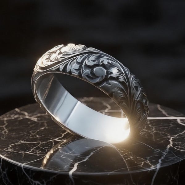 Engraved Wedding Band, 925 Sterling Silver, Engraved Ring, Unique Wedding Band, Gift For Him, 8mm Ring, Man Wedding Band, Rustic Band