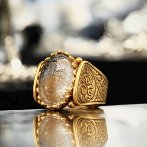 24K Gold Plated Silver Ring | Dur E Najaf Gem, Ayat alKursi Engraved image 3