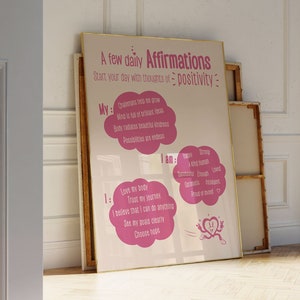 Daily Affirmations Pink Wall print, Preppy room decor, Dorm decor, Motivational quote, Daily reminders, c, Y2k room decor, typo
