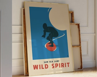 Wild Spirit, herunterladbare Kunst, Wanddekor, druckbare Kunst Retro, Illustration Poster, ästhetisches Raumdekor, Typo Print, Wassersport, Ozean