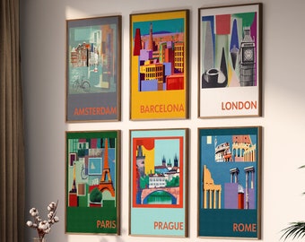 European Cities Print Set of 6, Gallery Wall Set, Printable Wall Art, Colorful Travel Poster