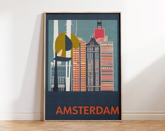 Amsterdam City Poster | Colorful Print of Amsterdam's Landmarks and Skyline | Perfect Souvenir for Travel Lovers | Amsterdam Travel Print