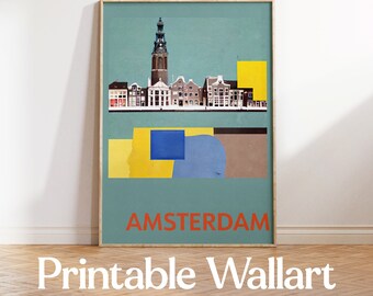 PRINTABLE WALL ART: Amsterdam City Poster, Retro Print, Vintage City Poster, Travel Poster,Retro Amsterdam Poster