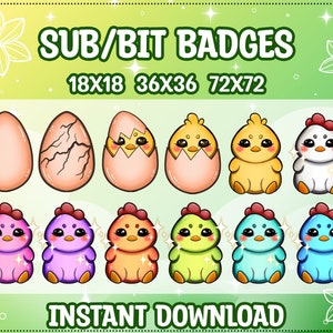 Può includere: Un set di 10 badge digitali con simpatici pulcini di cartoni animati in varie fasi di schiusa. I badge sono disponibili in tre dimensioni: 18x18, 36x36 e 72x72 pixel. Il testo "SUB/BIT BADGES" e "INSTANT DOWNLOAD" è incluso anche nell'immagine.