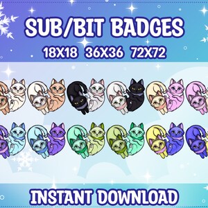 May include: A set of 18 digital cat badges in various colors, including pink, blue, green, yellow, and purple. The cats are in a heart shape and have different colored eyes. The text "SUB/BIT BADGES" is at the top of the image, and the text "INSTANT DOWNLOAD" is at the bottom.