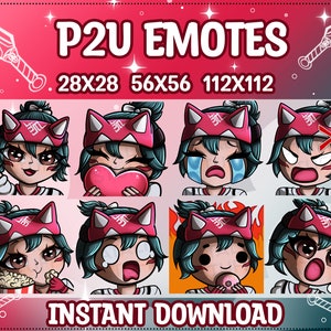 Puede incluir: Ocho emoticonos digitales de una niña con cabello turquesa que lleva una diadema roja con texto blanco. La niña tiene diferentes expresiones, incluyendo guiñar un ojo, sostener un corazón, llorar, gritar, comer palomitas de maíz, sorprenderse, comer una dona y gritar con la boca abierta.