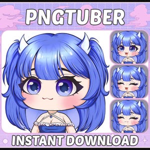 Peut inclure: Illustration numérique d'un personnage de style anime aux cheveux bleus, avec des cornes blanches et de grands yeux. L'image comprend le texte "PNGTUBER" et "INSTANT DOWNLOAD" dans un design violet et blanc. D'autres portraits de personnages plus petits sont également inclus.