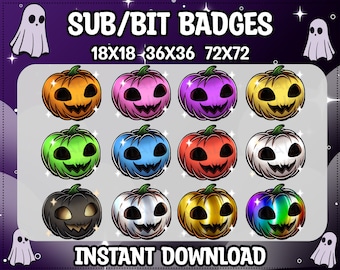 May include: A set of 12 Halloween pumpkin themed Twitch sub and bit badges in various colors, including orange, green, blue, pink, purple, red, black, white, gold, and rainbow. The badges are available in three sizes: 18x18, 36x36, and 72x72. The text "SUB/BIT BADGES" and "INSTANT DOWNLOAD" is also included in the image.