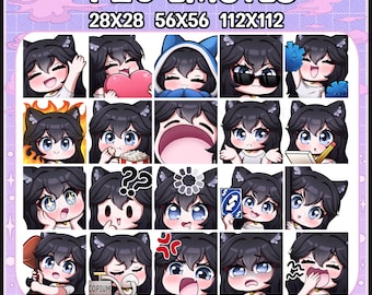 Chibi Katzenmädchen Twitch Emotes | Schwarzes Haar, fließendes Bündel