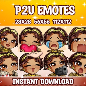 Puede incluir: Un conjunto de ocho emoticonos animados que representan a un personaje de piel morena con cabello castaño y detalles amarillos. Los emoticonos representan diversas expresiones, incluyendo felicidad, tristeza, sorpresa y enojo. El texto "P2U EMOTES 28X28 56X56 112X112 INSTANT DOWNLOAD" se muestra en la parte superior e inferior de la imagen.