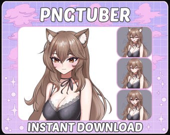 Könnte beinhalten: Digitales Kunstwerk eines Anime-Charakters mit braunen Haaren und Katzenohren, in einem schwarzen Oberteil mit Spitzendetails. Der Text "PNGTUBER" und "INSTANT DOWNLOAD" ist in einem lila Rahmen enthalten.