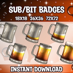 Beer Glass Sub/ Bit Badges for Twitch | Discord | Youtube | Subscriber Badges, Streaming, Twitch Emote, Cheer, Beer Bottles, Mugs, Drinks