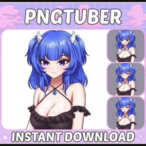 May include: Digital art of a blue-haired anime-style character with horns, wearing a black dress. The image includes the text "PNGTUBER" at the top and "INSTANT DOWNLOAD" at the bottom, with three smaller images of the character.