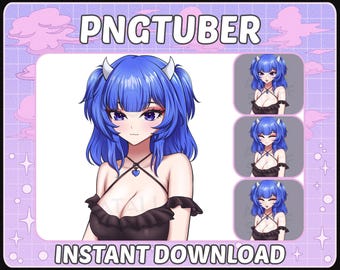 Blaues Haar Demon Girl PNGTuber Modell | Reaktiver Charakter