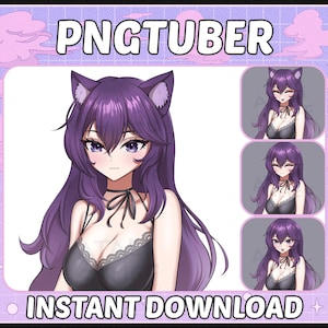 Cute Girl Pngtuber Model | Premade PNGTuber Avatar Model for Streamers | Reactive PNG | Purple Hair Catgirl model