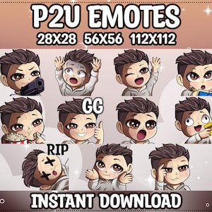 Boy Emotes BUNDLE for Twitch | Discord | Youtube (Brown eyes | Black Hair | White Shirt) 11 Stream Emotes Pack
