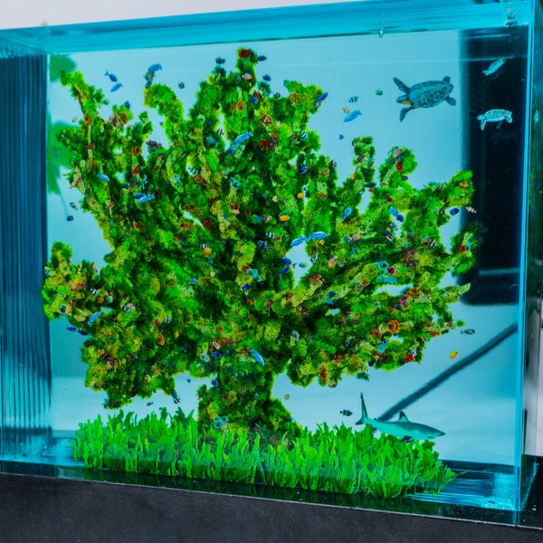 Lampe époxy corail arbre sous-marin océan résine décoration d'intérieur haut niveau de détail unique récif de corail terrarium art 3D écosystème scène colorée de lumière de bureau