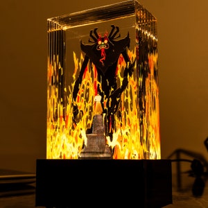 Samurai Jack vs Aku Harz Kunst alte Schule Cartoon Liebhaber Feuer Epoxy Lampe