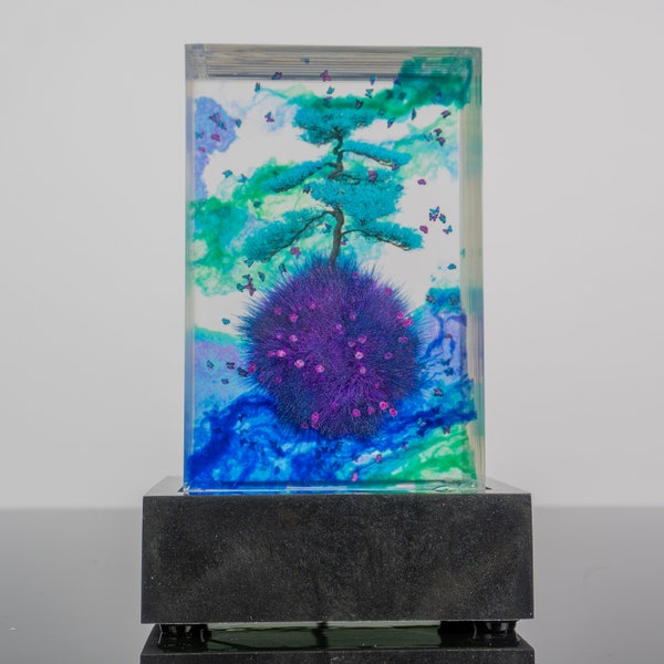 Fantasy Bonsai Tree With Alien butterflies In Space Resin Nightlight 12 Layers Epoxy sculpture Desktop sized