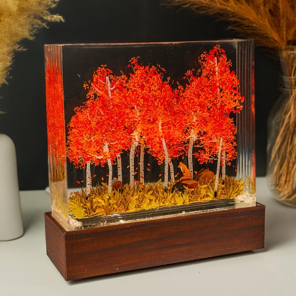 Autumn Birch Forest Resin Lamp, Orange Fox Fall Decor for Bookshelf