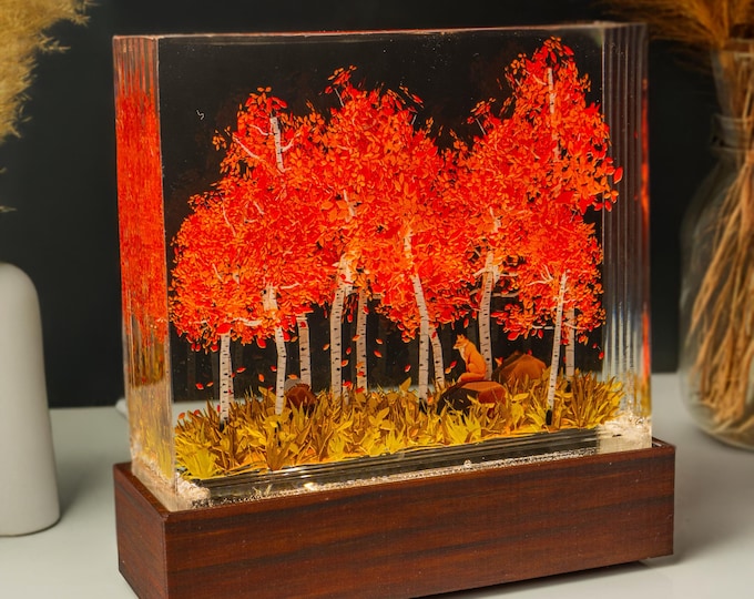 Autumn Birch Forest Resin Lamp, Orange Fox Fall Decor for Bookshelf