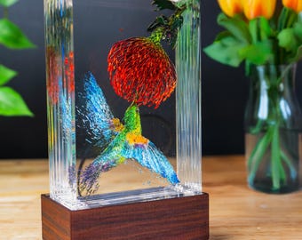 Hummingbird Resin Lamp: Tropical Flower Sculpture, Boho Night Light