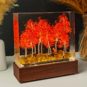 Lámpara de resina con diseño de bosque de abedul otoñal, zorro naranja, decoración otoñal para estantería