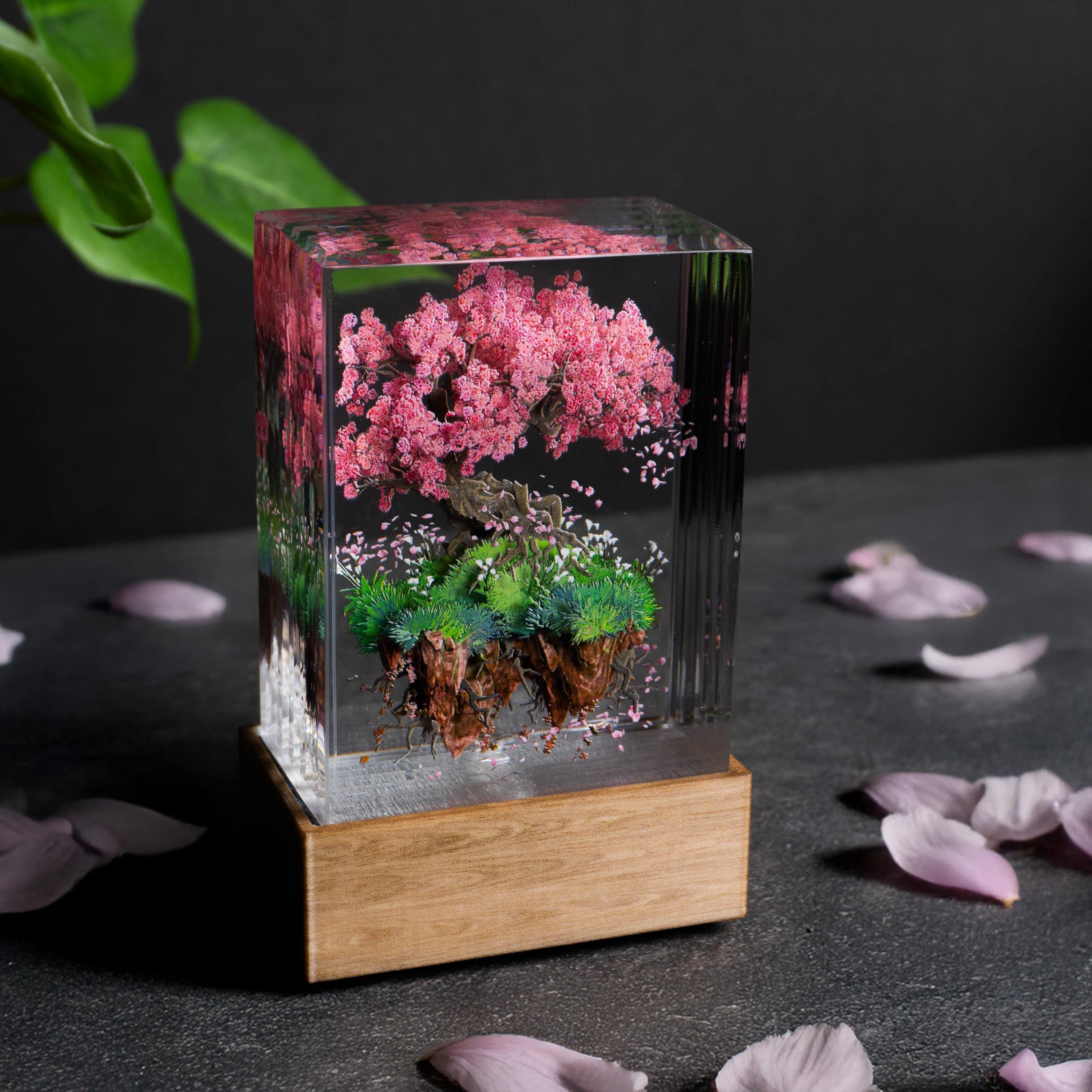 Floating Cherry Blossom Resin Lamp Zen Desk Art Sakura Petal