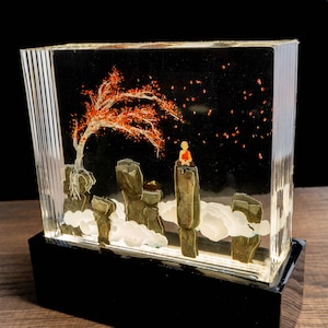 Mountain Meditation resin sculpture, Zen monk epoxy light for desk or bookshelf