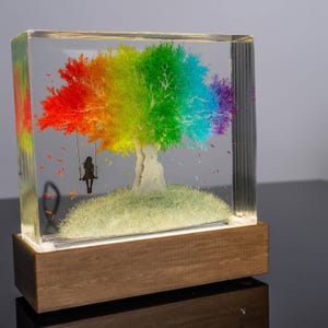 Girl and Rainbow Tree Resin Lamp Sculpture