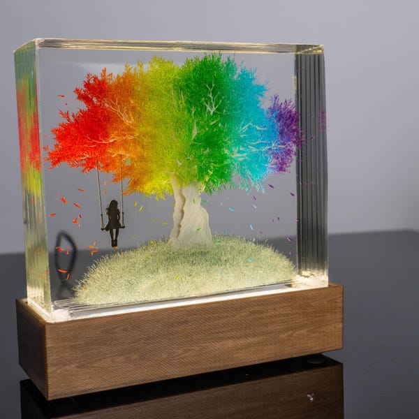 Girl and Rainbow Tree Resin Lamp Sculpture