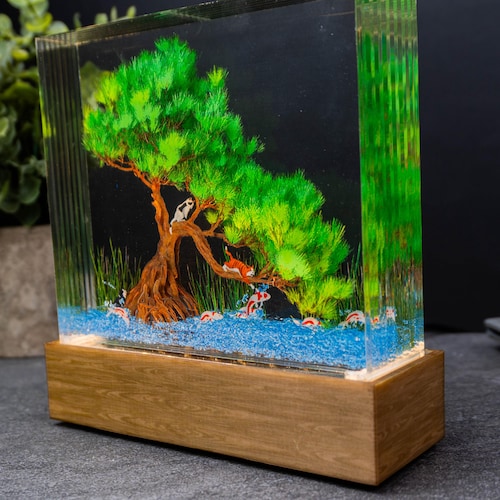 Bonsai Tree Sculpture With Koi Fish and Cats Resin Light - Etsy