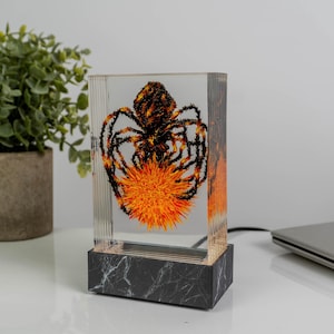 May include: A rectangular, clear resin lamp featuring a detailed spider design in shades of black, orange, and yellow. The lamp sits on a black and gray marble-patterned base. The lamp is plugged in and turned on.